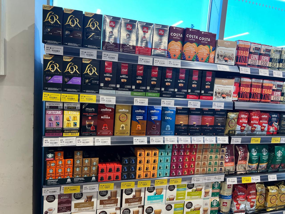 Mood Espresso coffee capsules displayed on a retail shelf in the UAE