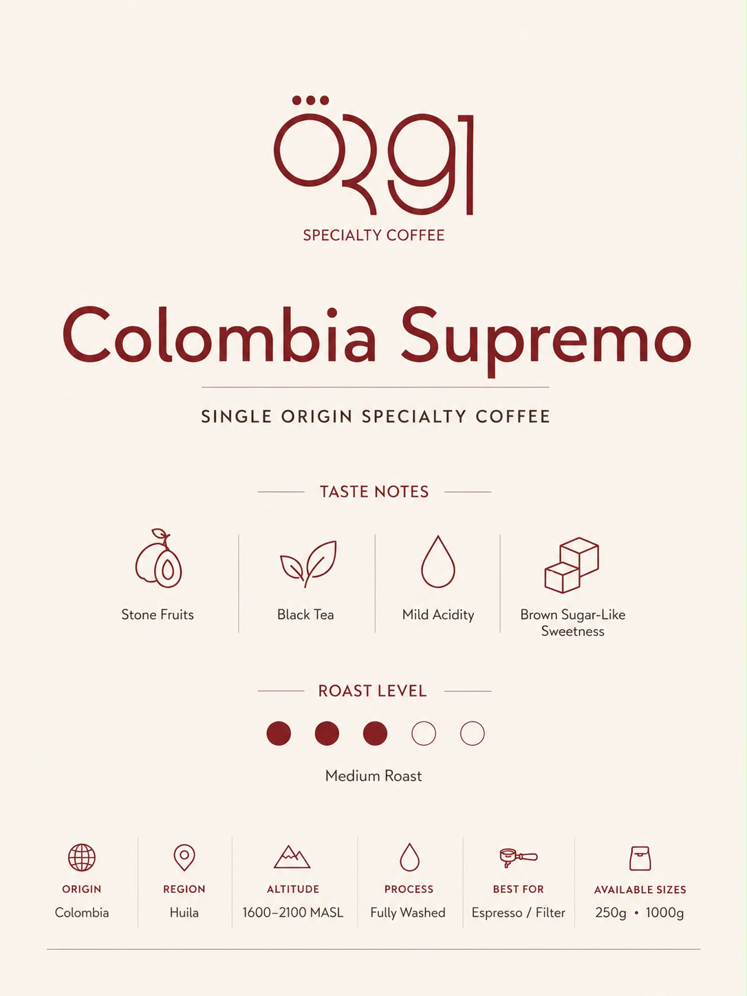 OR91 Colombia Supremo Specialty Coffee Beans, Medium Roast