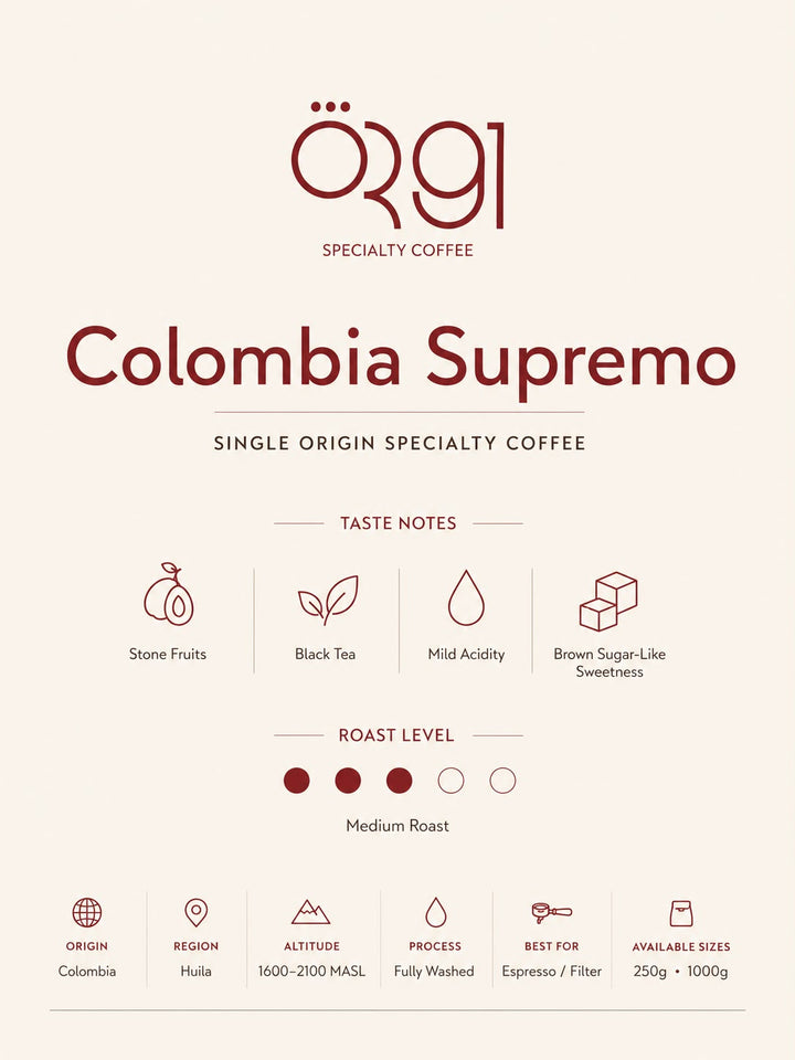 OR91 Colombia Supremo Specialty Coffee Beans, Medium Roast