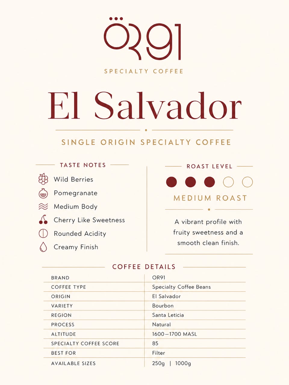 OR91 El Salvador Specialty Coffee Beans, Medium Roast