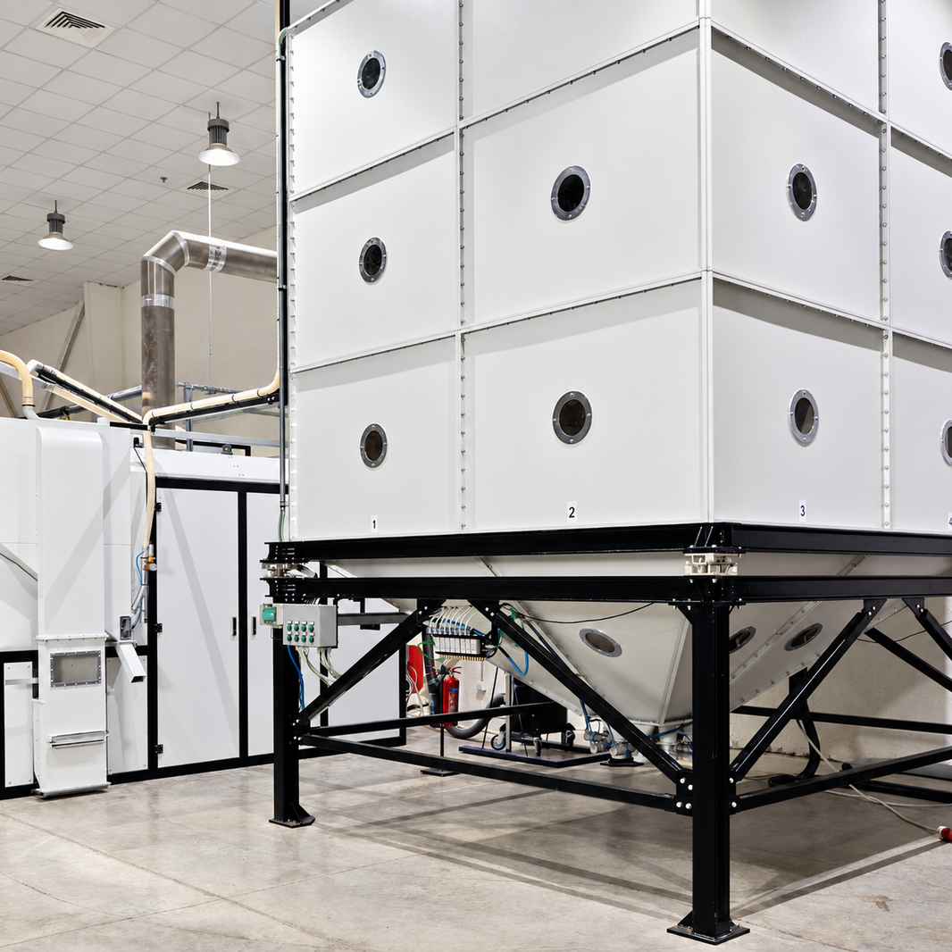 Coffee storage and processing equipment at Mood Espresso's Dubai roastery
