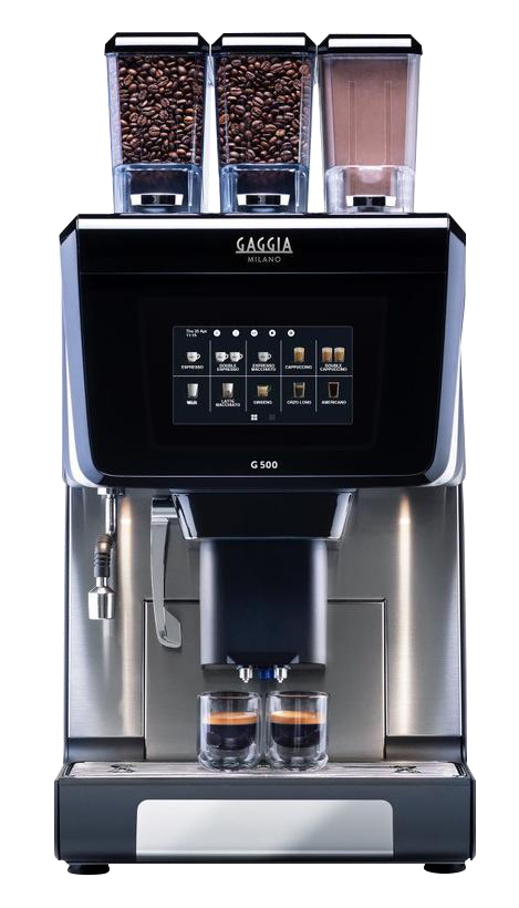 Gaggia Milano G500 black and silver automatic coffee machine with three hoppers