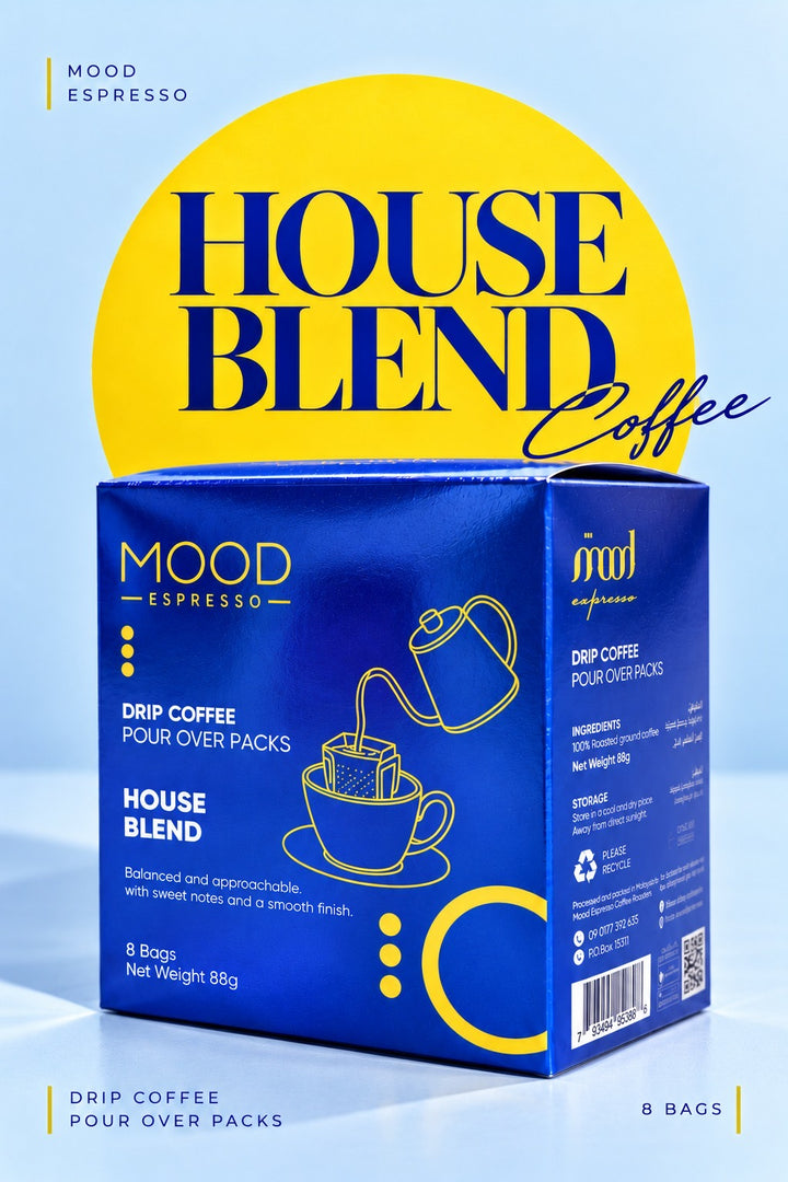 Mood Espresso House Blend drip coffee in its final blue and yellow packaging