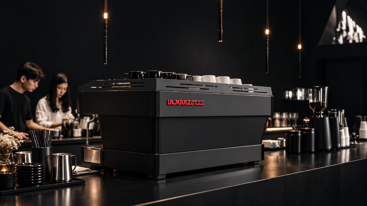 Black La Marzocco espresso machine on a café counter.