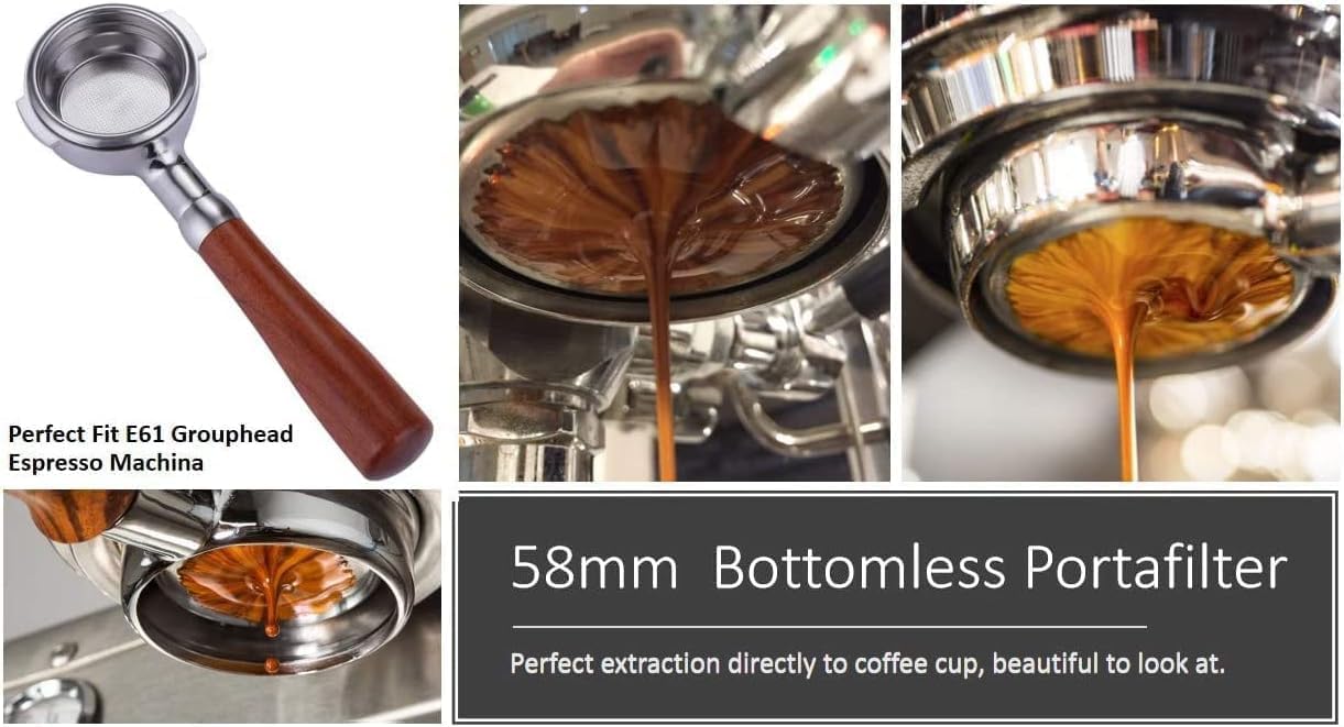 58mm Bottomless Portafilter for E61 Espresso Machines - Stainless Steel Naked Filter with Wooden Handle & Coffee Basket