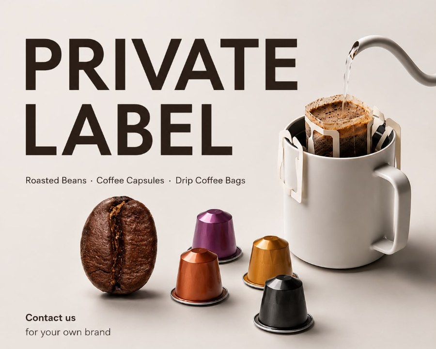 Promotional graphic for 'Private Label' coffee products, showing a white drip coffee maker with water pouring from a gooseneck kettle, several coffee capsules in different colors, a roasted coffee bean, and large text reading 'PRIVATE LABEL'.