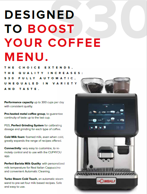 LaCimbali S30 CS10 Fully Automatic Coffee Machine: Wide Menu, Self-Cleaning, Intelligent PGS Grinding, MilkPS, Soluble Options