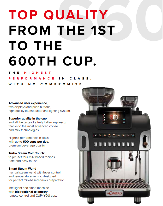 LaCimbali S60 S10 Fully Automatic Coffee Machine: Smart & Turbo Steam Cold Touch, Dual Interface, IoT Connectivity, Up to 260 Cups/Hour